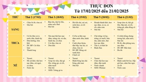 Thực đơn trẻ từ ngày 17/02/2025 đến ngày 21/02/2025