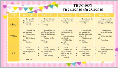 Thực đơn trẻ từ 24/3/2025 đến 28/3/2025