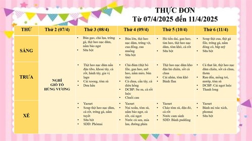 Thực đơn trẻ từ ngày 07/4/2025 đến ngày 11/4/2025