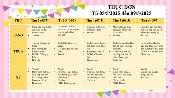 Thực đơn trẻ từ ngày 05/5/2025 đến ngày 09/5/2025
