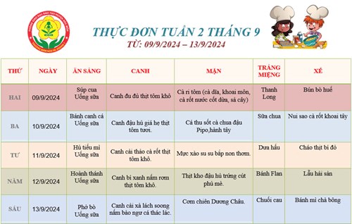 Thực đơn của bé - Tuần 2 tháng 9 (09/9/2024 - 13/9/2024)