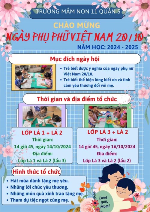 Thời gian và địa điểm tổ chức hoạt động  chào mừng ngày phụ nữ việt nam 20/10  của khối lớp lá