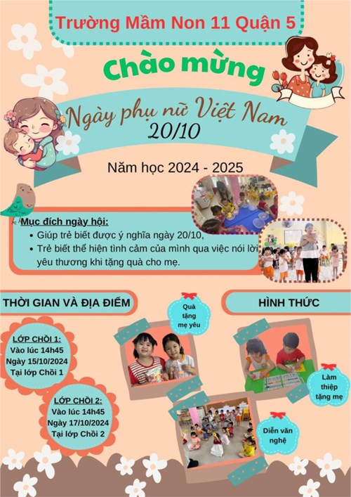Thời gian và địa điểm tổ chức hoạt động  chào mừng ngày phụ nữ việt nam 20/10  của khối lớp chồi