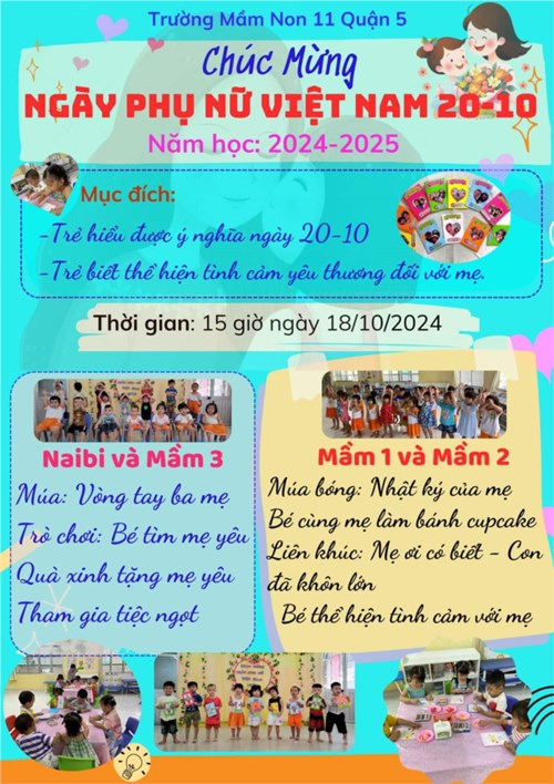 Thời gian và địa điểm tổ chức hoạt động  chào mừng ngày phụ nữ việt nam 20/10  của khối nhà trẻ - mầm