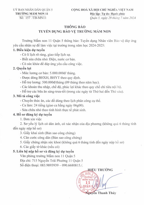 Thông báo tuyển dụng bảo vệ trường mầm non 11