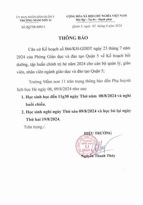 Thông báo về việc cho học sinh nghỉ học và học bù