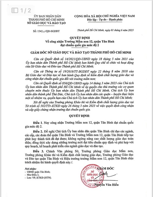 Quyết đinh công nhận trường mầm non 12 , quận tân bình đạt chuẩn quốc gia cấp độ 2