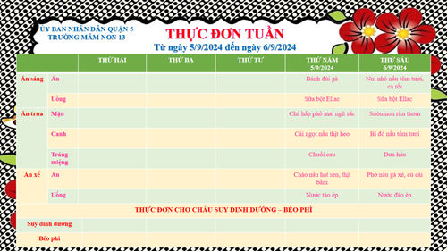 Thực đơn tuần ( từ ngày 5/9-6/9/2024)