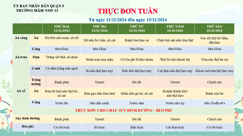 Thực đơn tuần ( Từ ngày 11/11 đến ngày15/11/2024 )