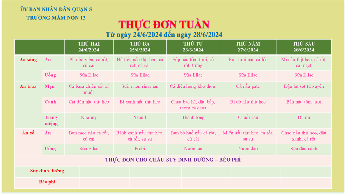 Thực đơn tuần từ 24/6/2024 đến 28/6/2024