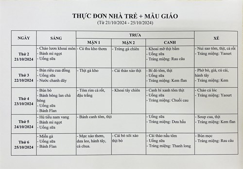 Thực đơn tuần của bé từ ngày 21/10/2024 đến ngày 25/10/2024