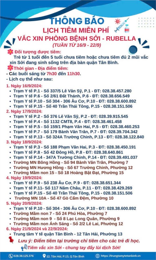 Lịch tiêm miễn phí Vắc xin phòng bệnh Sởi - Rubella (Tuần từ 16/9/2024 -22/9/2024)