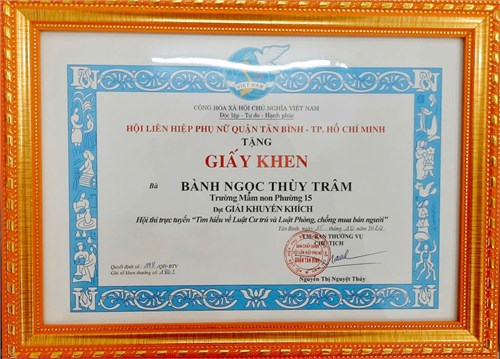Cô Bành Ngọc Thùy Trâm - Trường Mầm non 15 đạt giải Khuyến khích hội thi trực tuyến  Tìm hiểu về Luật Cư trú và Luật Phòng, chống mua bán người 