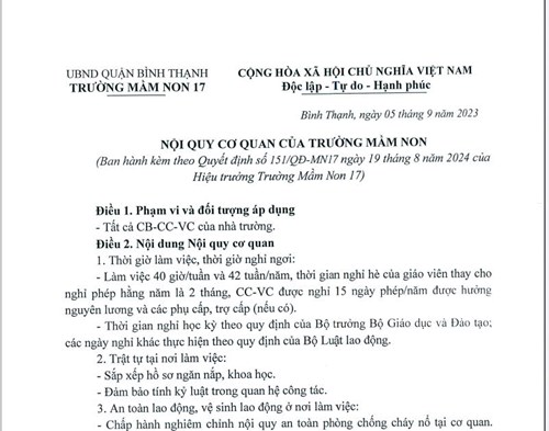 Nội quy cơ quan của Trường Mầm non 17