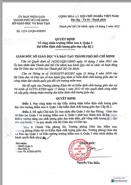 Quyết định về công nhận trường mầm non 4, quận 3 đạt kiểm định chất lượng giáo dục cấp độ 2