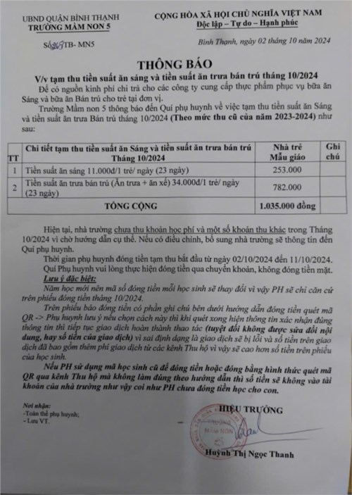 Thông báo về việc tạm thu tiền ăn sáng và tiền suất ăn trưa bán trú Tháng 10/2024