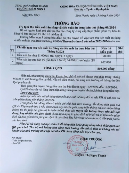 Thông báo về việc tạm thu tiền suất ăn sáng và tiền suất ăn trưa bán trú tháng 9/2024