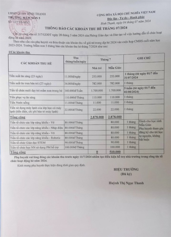 Thông báo các khoản thu hè Tháng 7/2024