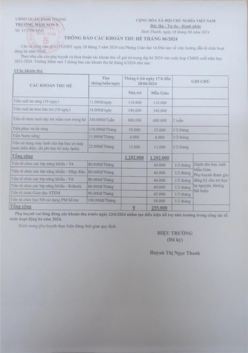 Thông báo thu các khoản thu hè Ca 1 từ ngày 17/6/2024 đến 28/6/2024