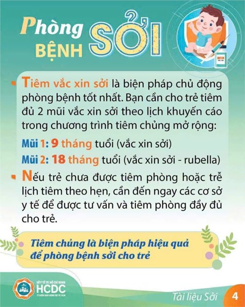 Nhằm chủ động khống chế tình hình dịch Sởi có thể lây lan thành dịch trong trường học và trong cộng đồng, trường Mầm non 5 đề nghị quý phụ huynh: Hãy đưa trẻ từ 09 tháng tuổi đến 10 tuổi (chưa tiêm đủ 02 mũi vaccin Sởi) đi tiêm vaccin Sởi miễn phí tại trường học hoặc các trạm y tế gần nhất.