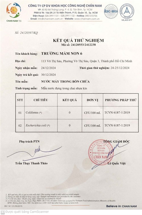 Kết quả xét nghiệm nước sinh hoạt năm học 2024-2025