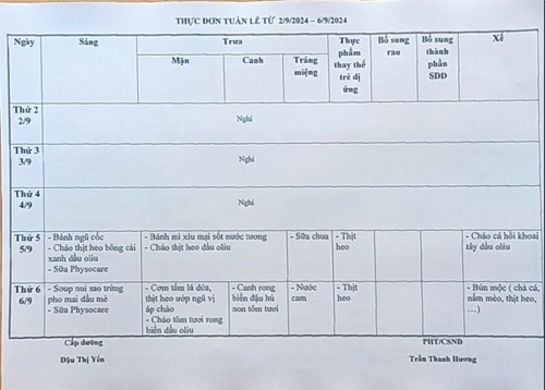 Thực đơn bán trú từ 05/9 đến 06/9/2024
