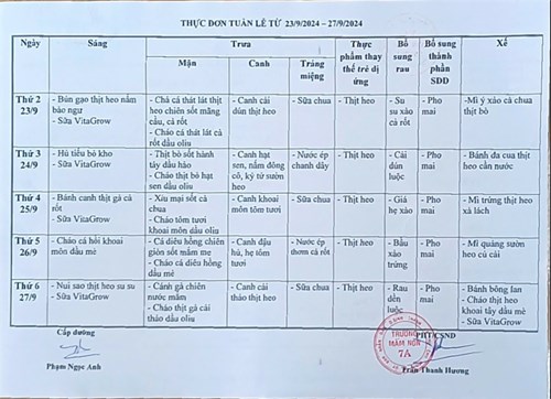 Thực đơn bán trú từ 23/9 đến 27/9/2024