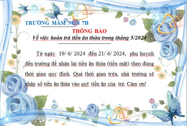 Thông báo hoàn trả tiền ăn thừa trong 5/2024