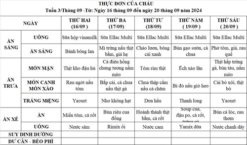 THỰC ĐƠN TUẦN 3 THÁNG 9 - Từ: Ngày 16 tháng 09 đến ngày 20 tháng 09 năm 2024