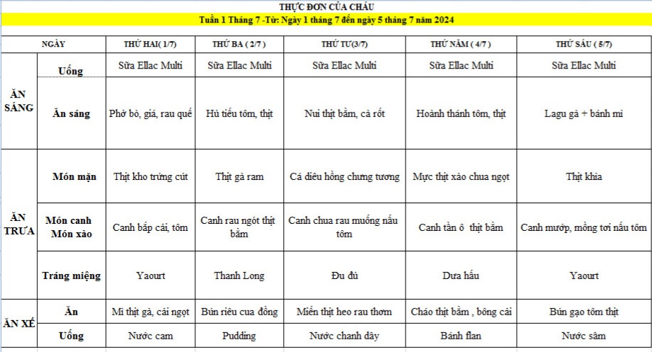 THỰC ĐƠN TUẦN 1 THÁNG 7 - Từ: Ngày 01 tháng 07 đến ngày 05 tháng 07 năm 2024