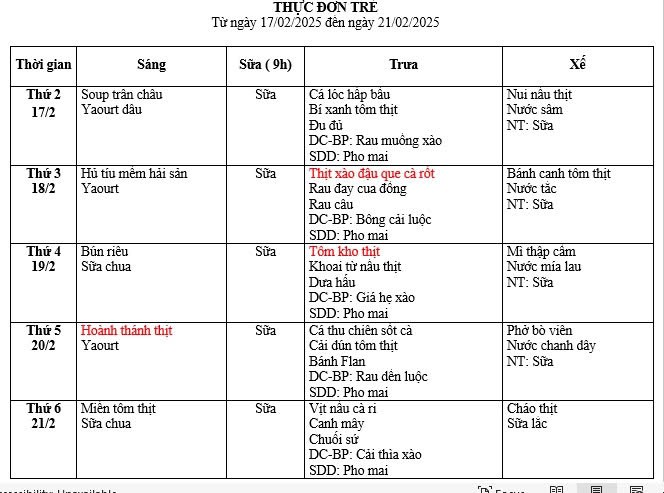 Thực đơn trẻ tuần 3 tháng 02