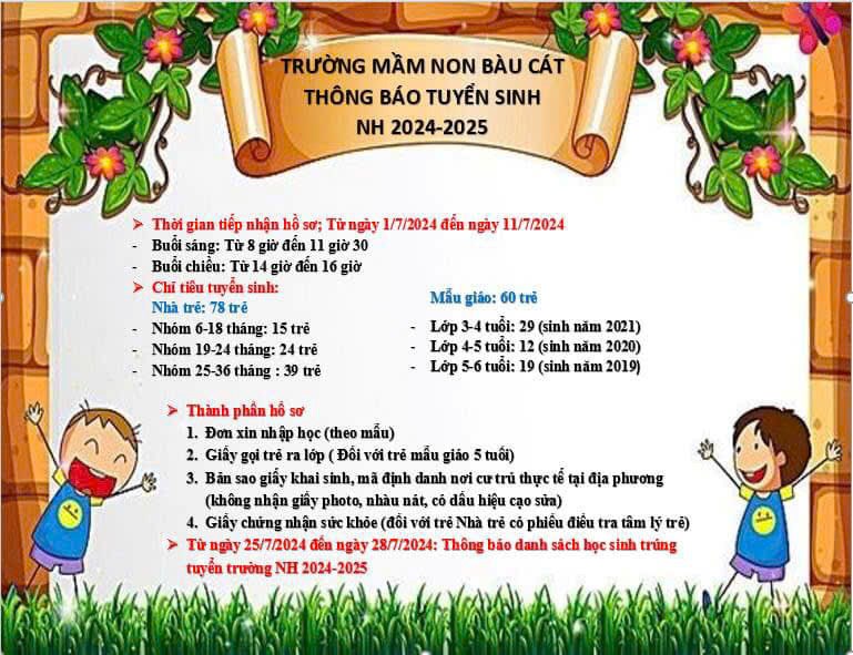 Trường Mầm non Bàu Cát tuyển sinh năm học 2024 - 2025