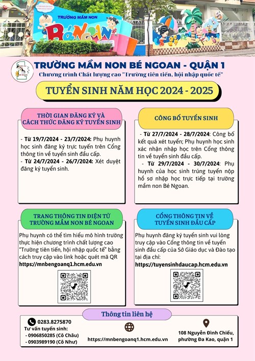 Thông tin Tuyển sinh năm học 2024-2025 của Trường Mầm non Bé Ngoan - Quận 1