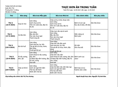 Thực đơn từ ngày 16/9/2024 đến ngày 21/9/2024