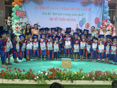 Nhằm giúp trẻ khắc sâu những kỷ niệm đẹp trong một năm học 2023 -2024 và giúp trẻ khối Lá tự tin, mạnh dạn bước vào môi trường mới, môi trường của bậc tiểu học. Ngày 29/5/2024 Trường Mầm non Cần Thạnh 2 Tổ chức lễ: Tổng kết và ra trường cho trẻ 5-6 tuổi Chủ đề “Nhớ mãi trường mầm non” vui tết thiếu nhi 01/6.