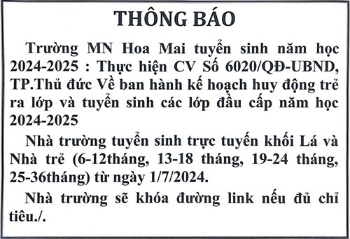 Thông báo tuyển sinh Khối Nhà trẻ và Khối Lá năm học 2024-2025