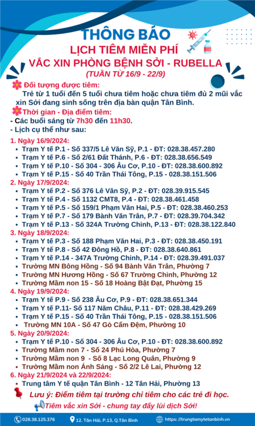 Lịch tiêm miễn phí vắc xin phòng bệnh sởi - rubella (tuần từ 16/9 - 22/9/2024)