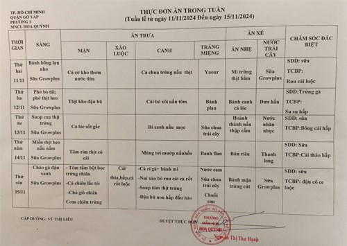 THỰC ĐƠN TUẦN CỦA BÉ
(Từ ngày 11/11/2024 đến ngày 15/11/2024)