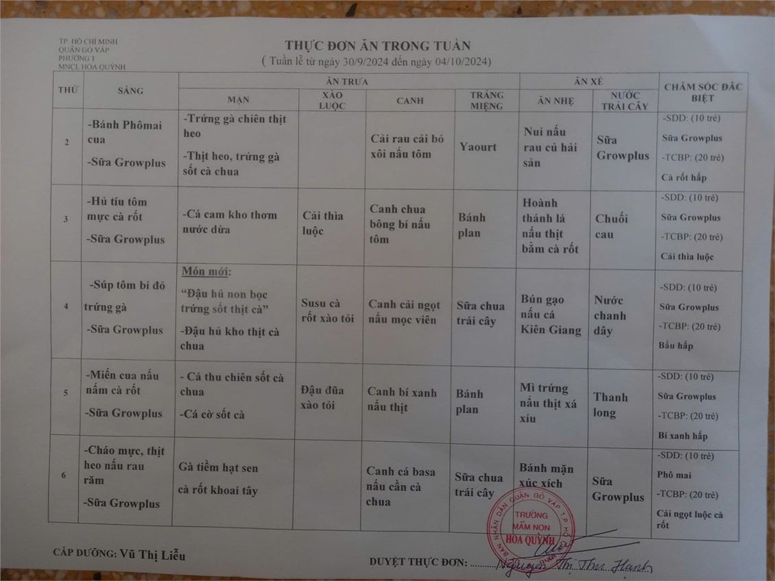 THỰC ĐƠN TUẦN CỦA BÉ ( Từ 30/9/2024 đến ngày 04/10/2024)