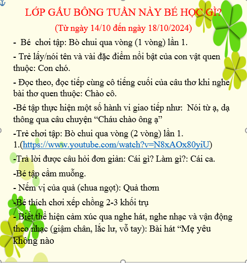 Kế hoạch chăm sóc giáo dục lớp Gấu Bông tuần 2 tháng 10 năm 2024