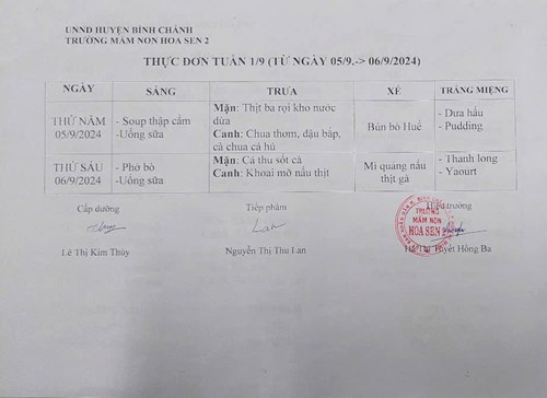 Thực đơn của trẻ tuần 1/9 (từ ngày 05/9/2024 đến ngày 06/9/2024)