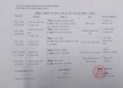 Thực đơn của trẻ tuần 2/9 (từ ngày 09/9/2024 đến ngày 13/9/2024)