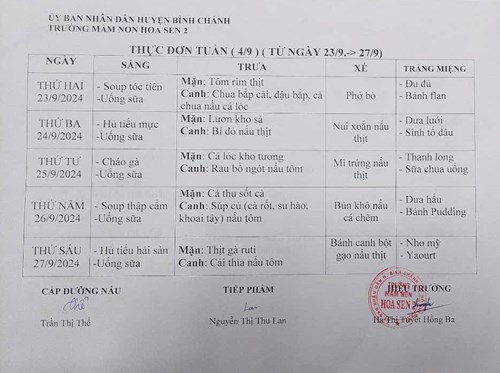 Thực đơn của trẻ tuần 4/9 (từ ngày 23/9/2024 đến ngày 27/9/2024)
