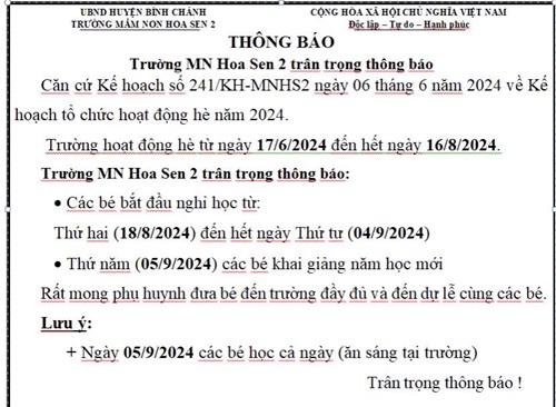 Thông báo thời gian trẻ đến trường năm học 2024-2025