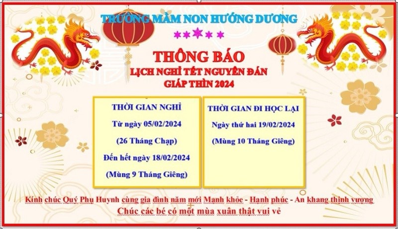 Thông báo về việc nghỉ Tết Nguyên đán Giáp Thìn năm 2024