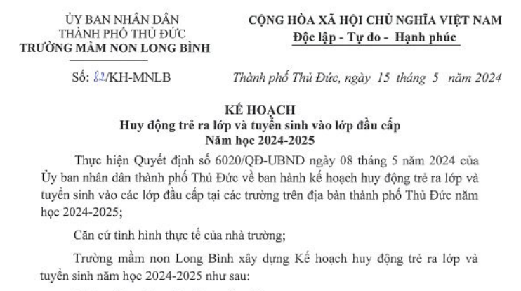 Kế hoạch tuyển sinh năm học 2024-2025