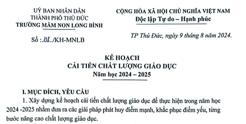 Công khai Thông tư 09 và Kế hoạch cải tiến chất lượng năm học 2024-2025