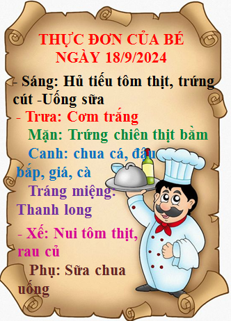 Thực đơn của bé ngày 18/09/2024
