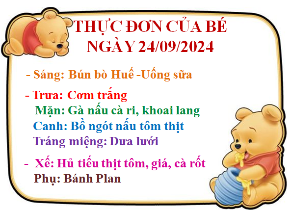 Thực đơn của bé ngày 24/09/2024