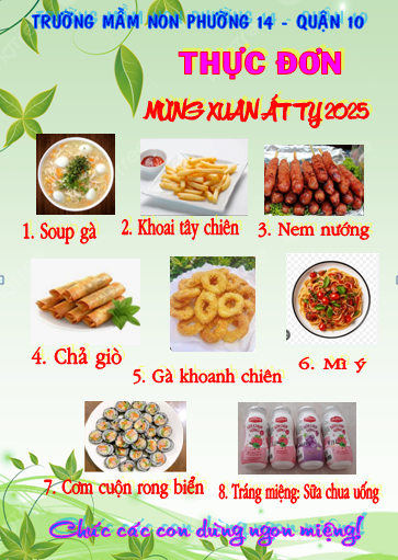 Thực đơn tiệc mừng Xuân Ất Tỵ 2025 cho bé.
